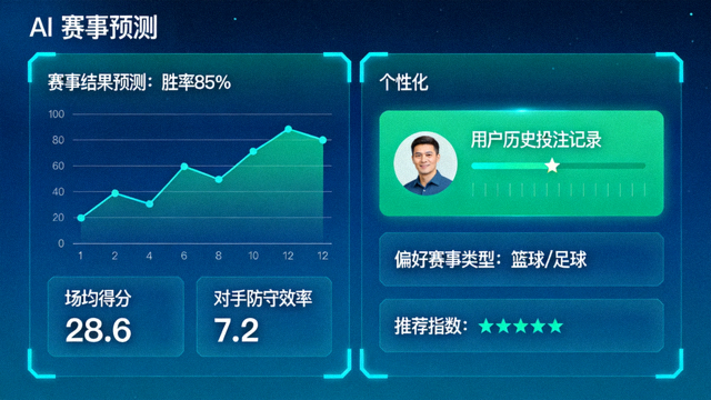AI赛事预测图表与个性化数据面板可视化设计，展示智能分析结果