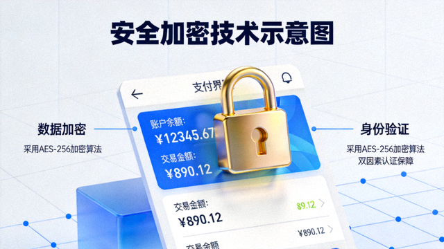 安全加密技术示意图，锁形图标与支付界面结合，体现资金安全