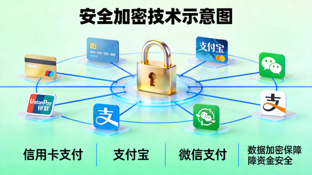 安全加密技术示意图，锁形图标与多种支付方式图标结合，体现资金安全