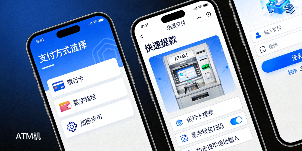 多场景支付与快速提款界面展示，包含银行卡、数字钱包及加密货币选项