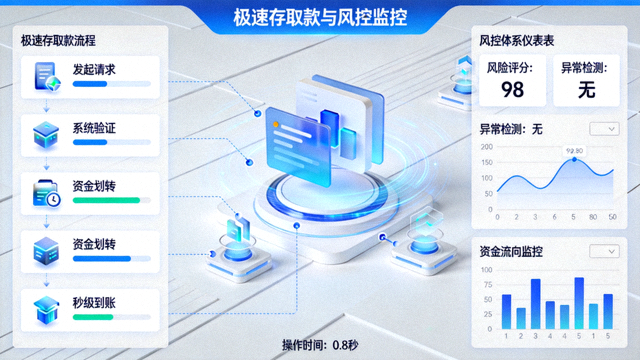 极速存取款流程与风控体系仪表盘界面，显示秒级到账动画