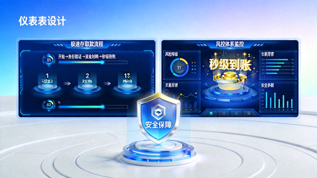 极速存取款流程与风控体系仪表盘界面，显示秒级到账动画与安全盾牌图标