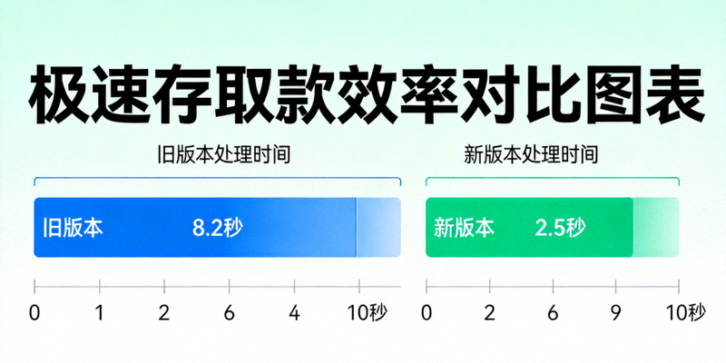 极速存取款效率对比图表，柱状图显示新旧版本处理时间差异