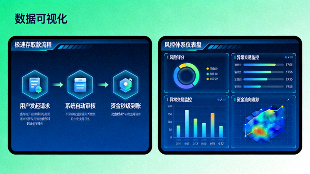 极速存取款流程与风控体系仪表盘界面，显示多种支付渠道