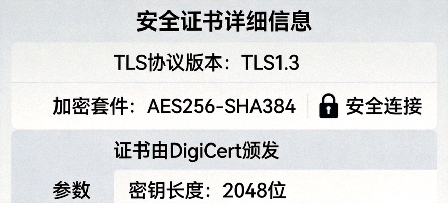 开云官网SSL加密证书详情截图，显示TLS1.3与AES256加密套件