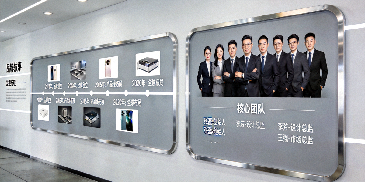 开云品牌故事展示墙，包含发展历程与核心团队合影的现代设计