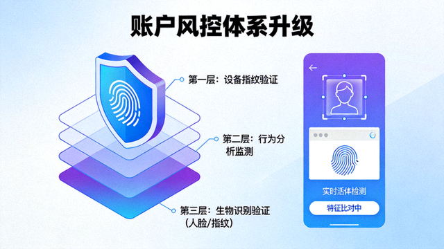 账户风控体系升级示意图，多层防护盾与生物识别验证界面结合