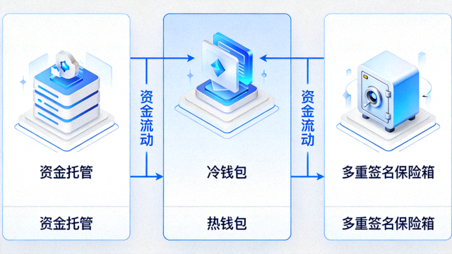 资金托管与冷热钱包分离架构示意图，包含多重签名保险箱图标