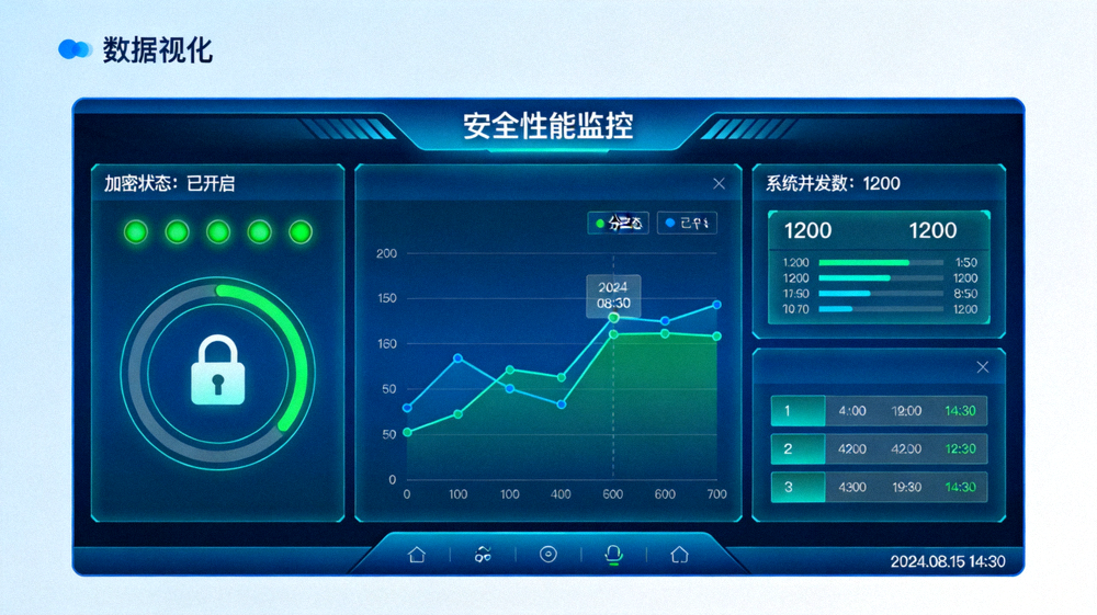 安全性能监控仪表盘，显示加密状态与系统并发数据