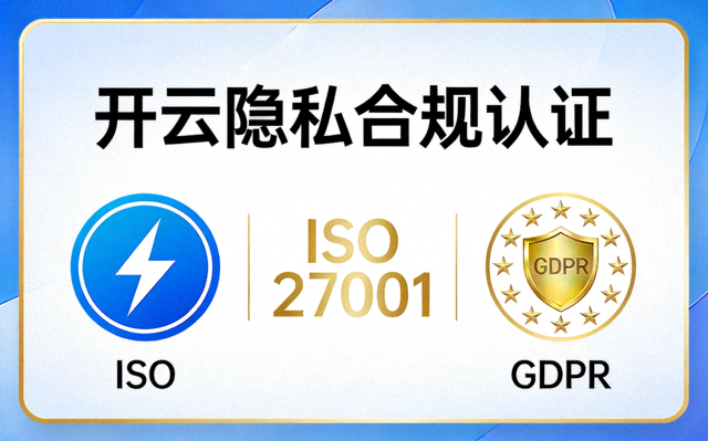 开云隐私合规认证图标，包含ISO 27001与GDPR标识