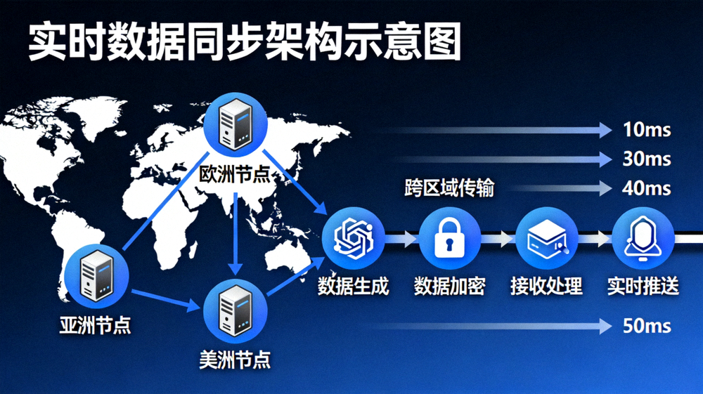 实时数据同步架构示意图，展示全球节点与毫秒级推送流程