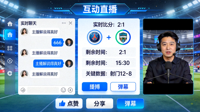 互动直播间界面，显示实时聊天、赛事数据面板与主播解说窗口