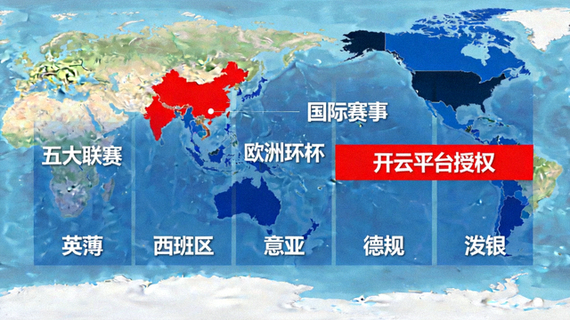 全球体育赛事版权分布地图，突出显示开云平台获得的五大联赛及国际赛事授权区域