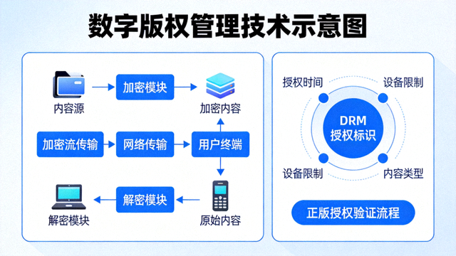 数字版权管理技术示意图，展示加密流媒体与正版授权标识