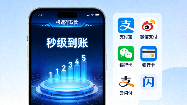 极速存取款界面，显示秒级到账动画与多种支付方式图标