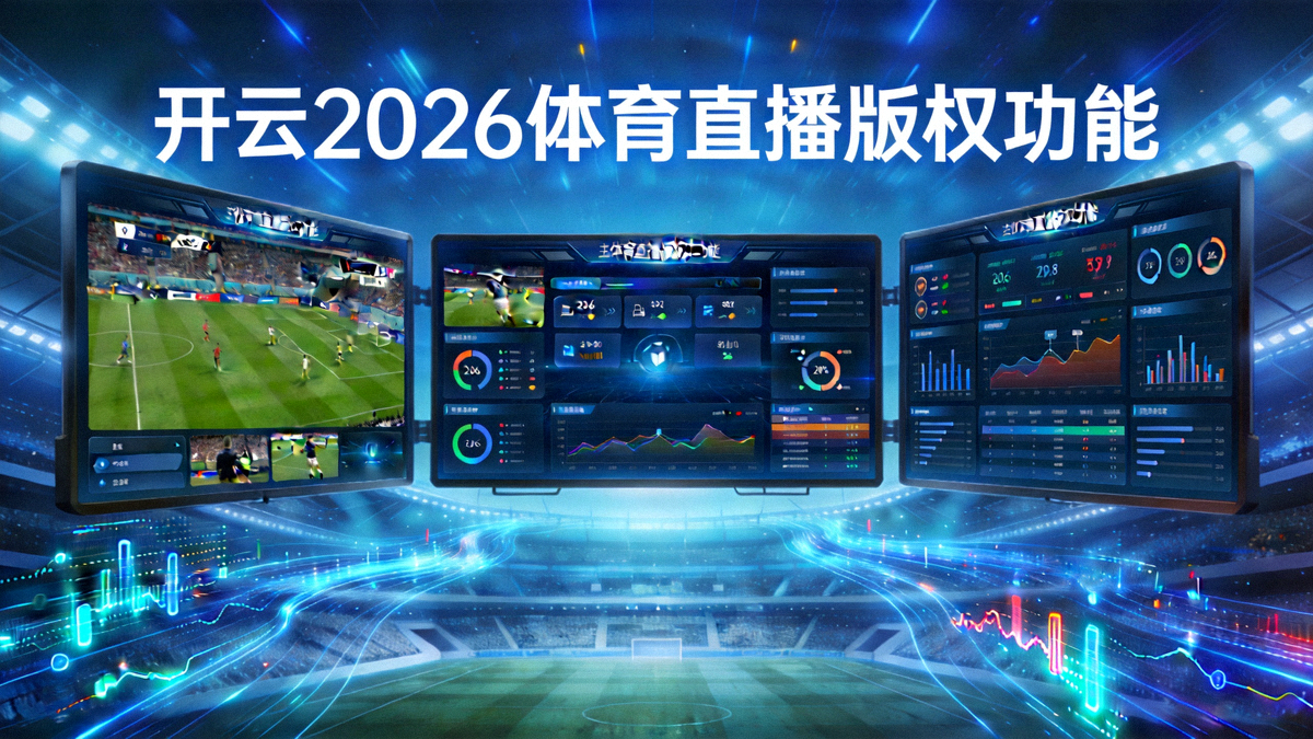 开云2026体育直播版权功能主视觉，展示多屏联动与实时数据流，背景为虚拟体育场