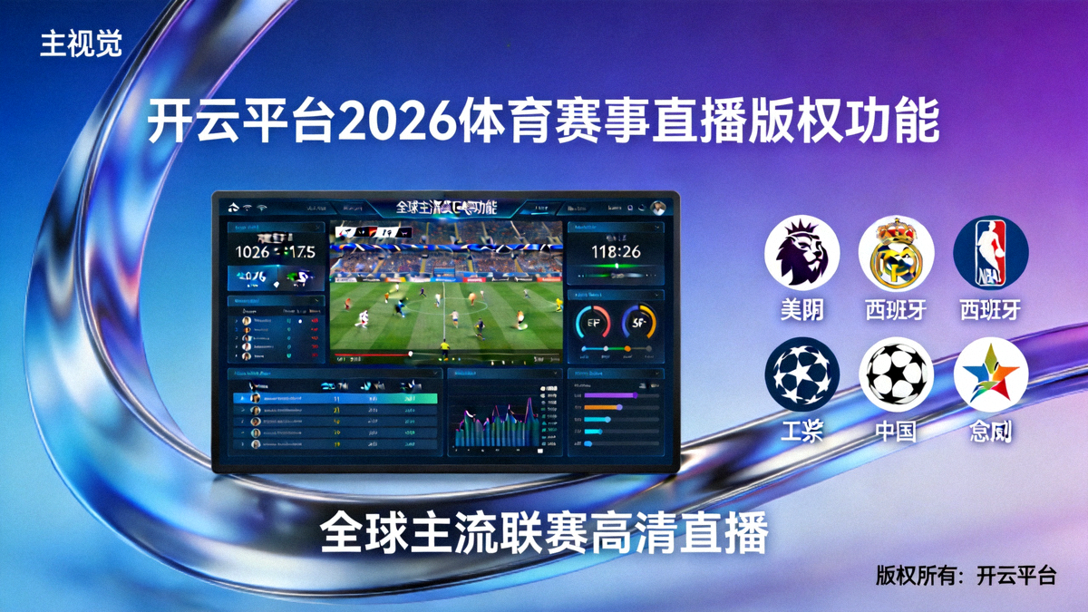 开云平台2026体育赛事直播版权功能主视觉，展示全球主流联赛标志与高清直播界面