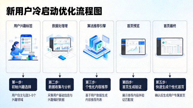 新用户冷启动优化流程图，从初始兴趣选择到快速生成个性化首页