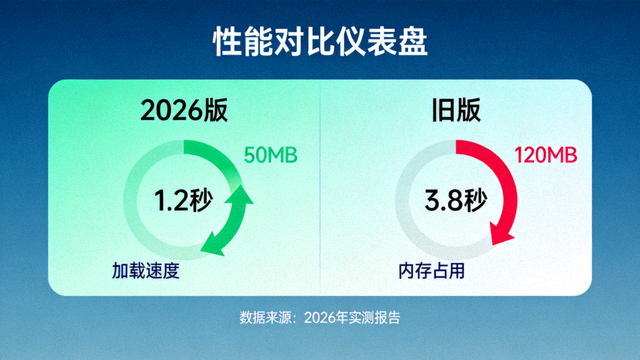 性能对比仪表盘，2026版加载速度与内存占用显著优于旧版