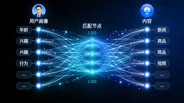 智能推荐算法动态示意图，展示用户画像与内容匹配的神经网络节点