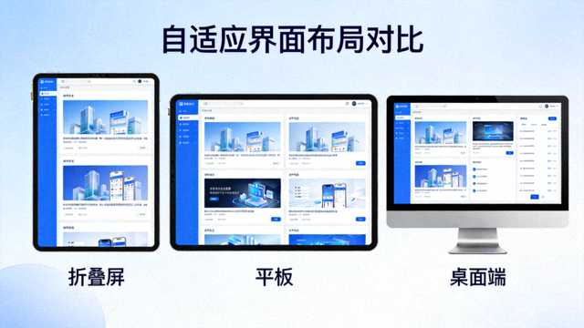 自适应界面布局对比，同一内容在折叠屏、平板和桌面端的不同呈现方式