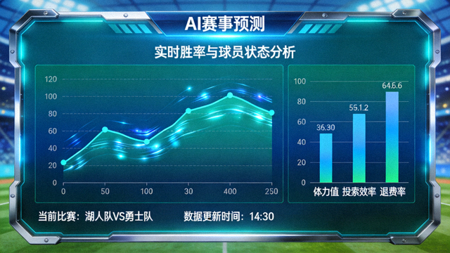 AI赛事预测面板，动态图表展示实时胜率与球员状态分析