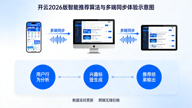 开云2026版智能推荐算法与多端同步体验示意图，手机电脑平板三端同步