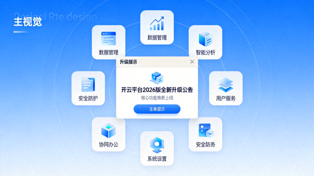 开云平台2026版全新升级公告主视觉图，展示升级提示弹窗与功能模块图标