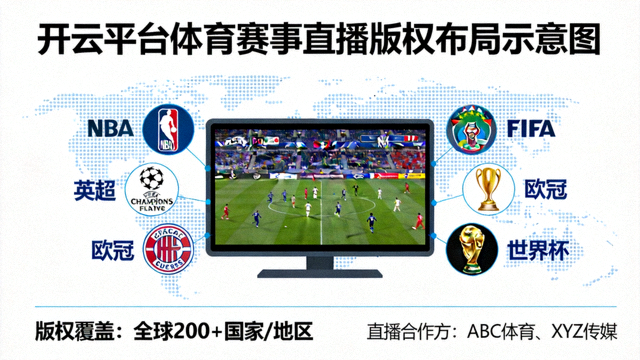 开云平台体育赛事直播版权布局示意图，多个赛事标志与直播大屏组合