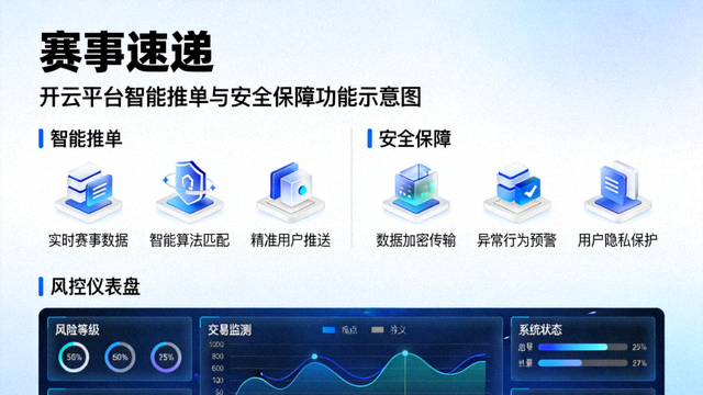 赛事速递主题图，开云平台智能推单与安全保障功能示意图，含风控仪表盘