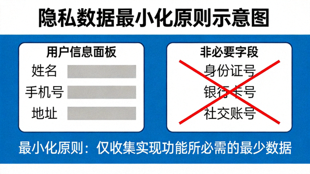 隐私数据最小化原则示意图，用户信息面板只显示必要字段